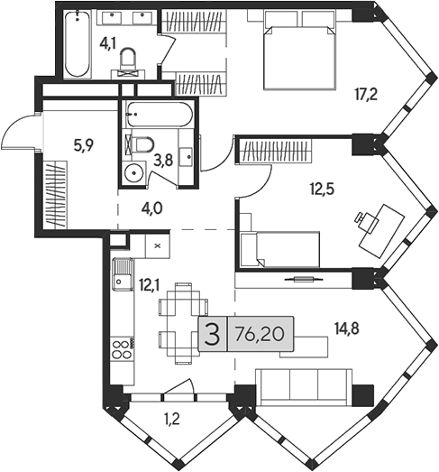 Планировка — Indy Towers, 3-комн., 75 м²