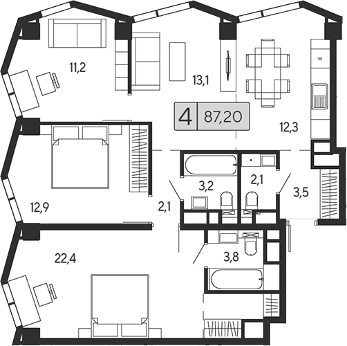 Планировка — Indy Towers, 4-комн., 87 м²