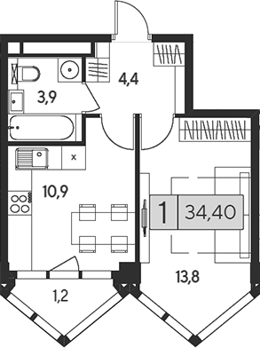 Планировка — Indy Towers, 1-комн., 33 м²