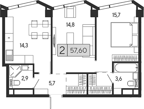 Планировка — Indy Towers, 2-комн., 58 м²