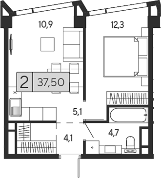Планировка — Indy Towers, 2-комн., 38 м²