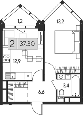 Планировка — Indy Towers, 2-комн., 36 м²