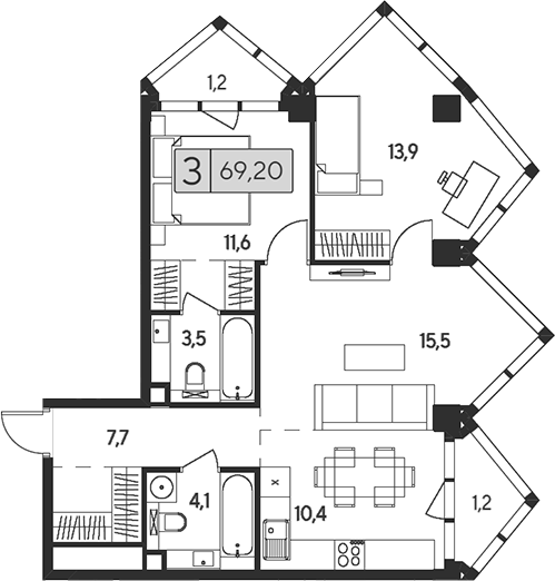 Планировка — Indy Towers, 3-комн., 67 м²