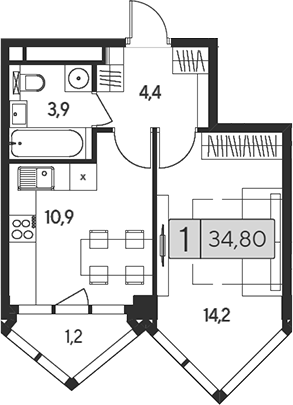 Планировка — Indy Towers, 1-комн., 34 м²