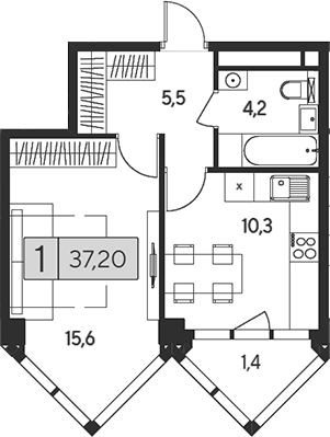 Планировка — Indy Towers, 1-комн., 36 м²