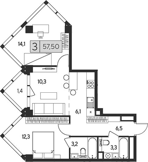 Планировка — Indy Towers, 3-комн., 56 м²