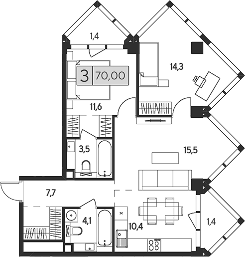 Планировка — Indy Towers, 3-комн., 67 м²