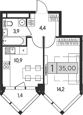 Планировка — Indy Towers, 1-комн., 34 м²