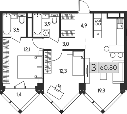 Планировка — Indy Towers, 3-комн., 59 м²