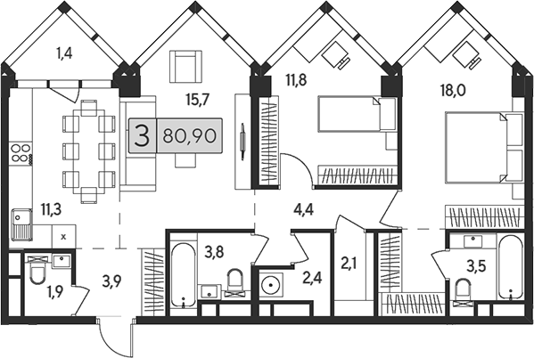 Планировка — Indy Towers, 3-комн., 80 м²