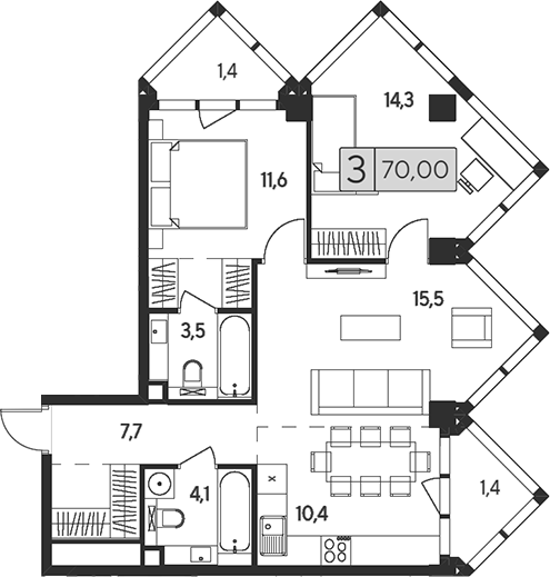 Планировка — Indy Towers, 3-комн., 67 м²