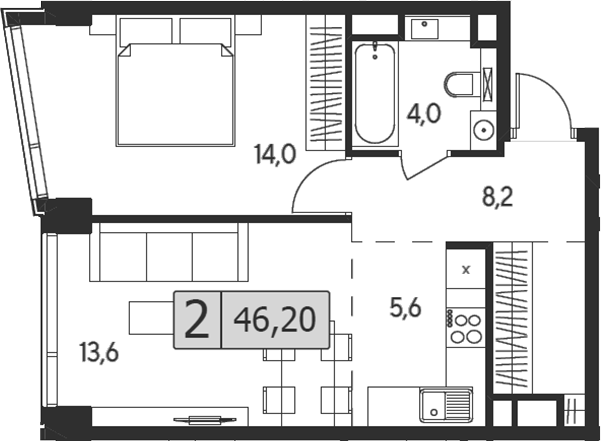 Планировка — Indy Towers, 2-комн., 46 м²