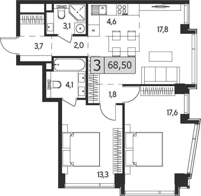 Планировка — Indy Towers, 3-комн., 69 м²