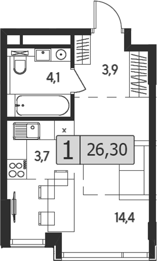 Планировка — Indy Towers, Студия, 26 м²