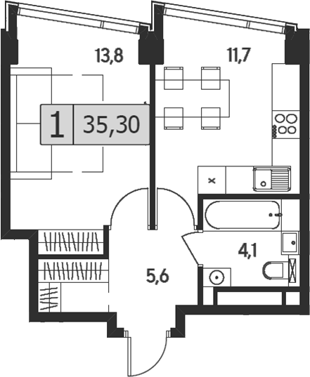 Планировка — Indy Towers, 1-комн., 35 м²