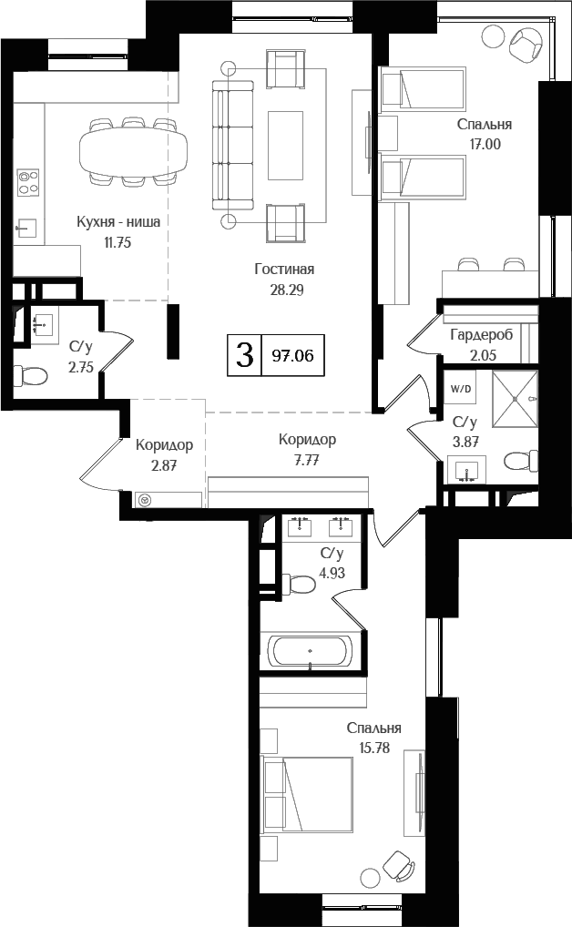 Планировка — Преображенская площадь, 3-комн., 97 м²
