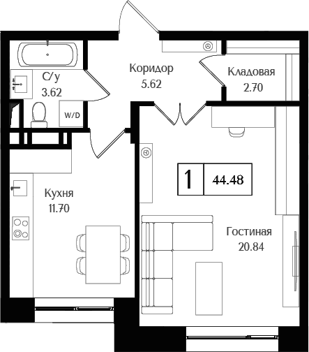 Планировка — Преображенская площадь, 1-комн., 44 м²
