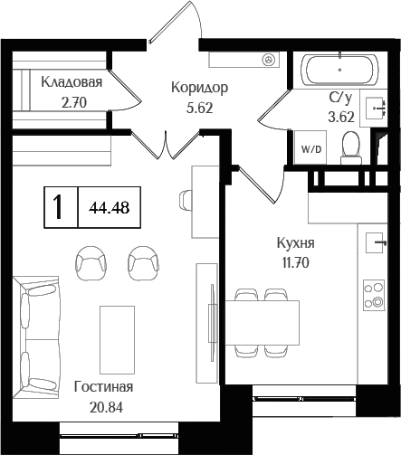 Планировка — Преображенская площадь, 1-комн., 44 м²