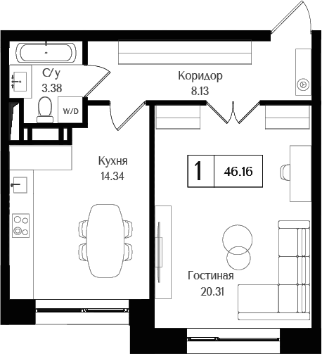 Планировка — Преображенская площадь, 1-комн., 46 м²