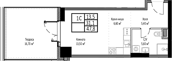 Планировка — Мираполис, Студия, 31 м²
