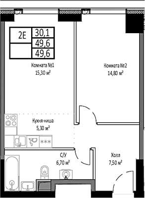 Планировка — Мираполис, 2-комн., 50 м²