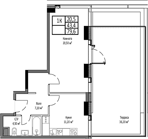 Планировка — Мираполис, 1-комн., 43 м²