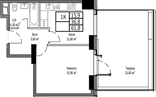 Планировка — Мираполис, 1-комн., 37 м²