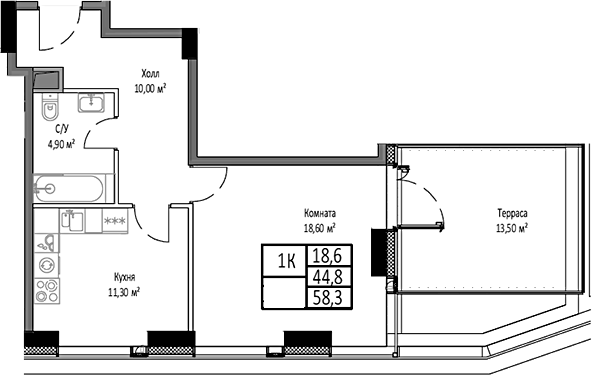 Планировка — Мираполис, 1-комн., 45 м²