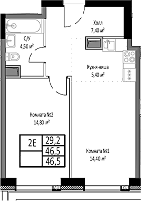 Планировка — Мираполис, 2-комн., 47 м²