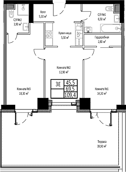 Планировка — Мираполис, 3-комн., 70 м²