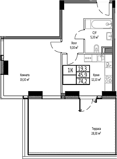 Планировка — Мираполис, 1-комн., 46 м²