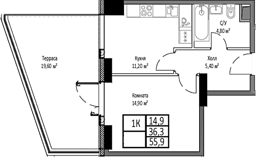 Планировка — Мираполис, 1-комн., 36 м²