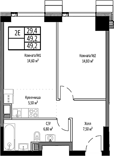 Планировка — Мираполис, 2-комн., 49 м²