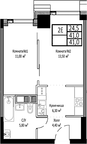 Планировка — Мираполис, 2-комн., 41 м²