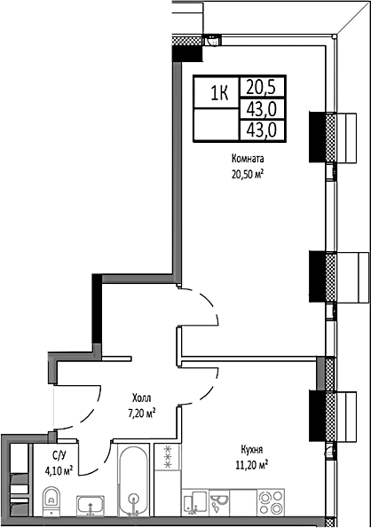 Планировка — Мираполис, 1-комн., 43 м²