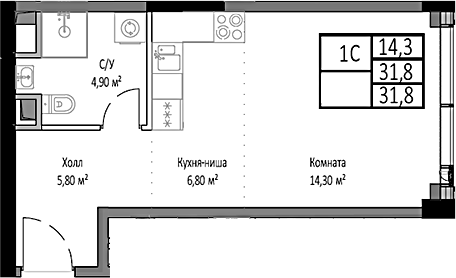 Планировка — Мираполис, Студия, 32 м²
