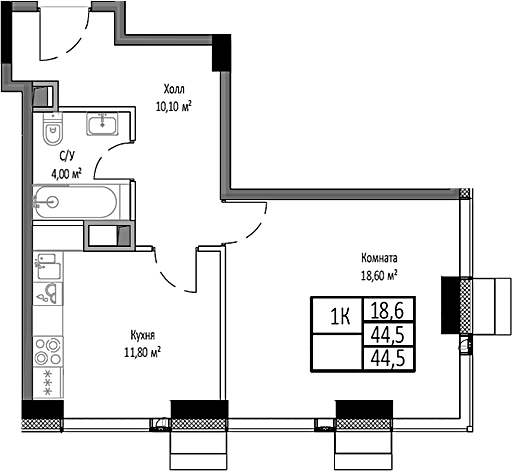 Планировка — Мираполис, 1-комн., 45 м²