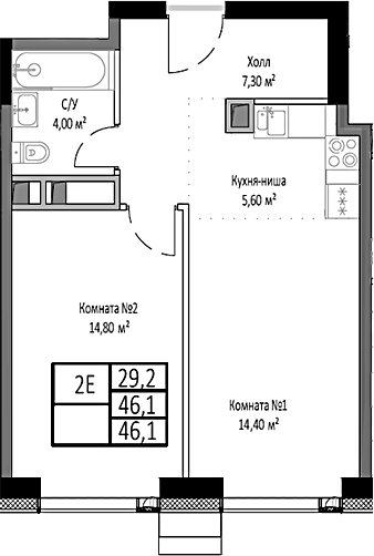 Планировка — Мираполис, 2-комн., 46 м²