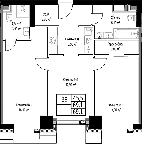 Планировка — Мираполис, 3-комн., 69 м²