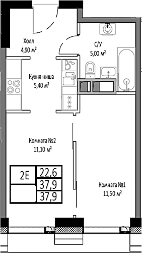 Планировка — Мираполис, 2-комн., 38 м²