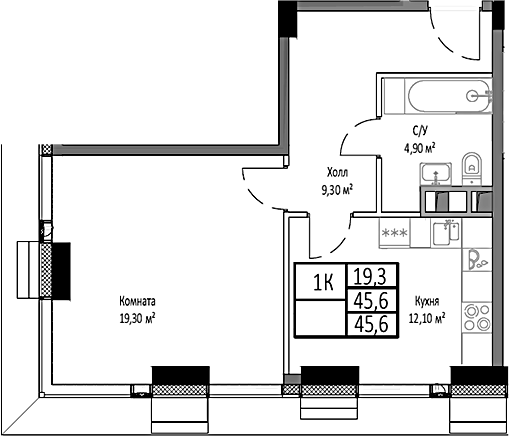 Планировка — Мираполис, 1-комн., 46 м²