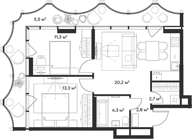 Планировка — Союз, 3-комн., 55 м²