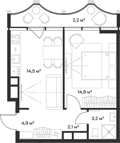 Планировка — Союз, 2-комн., 40 м²