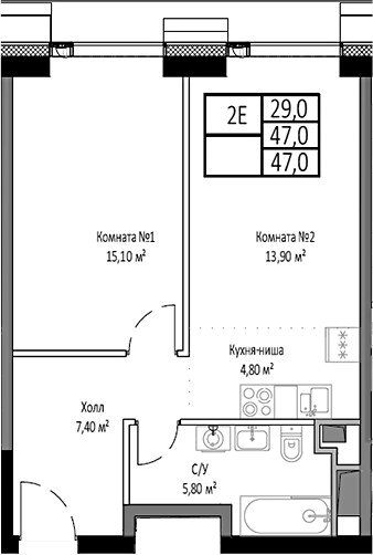 Планировка — Мираполис, 2-комн., 47 м²