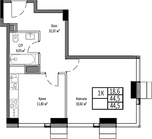 Планировка — Мираполис, 1-комн., 45 м²