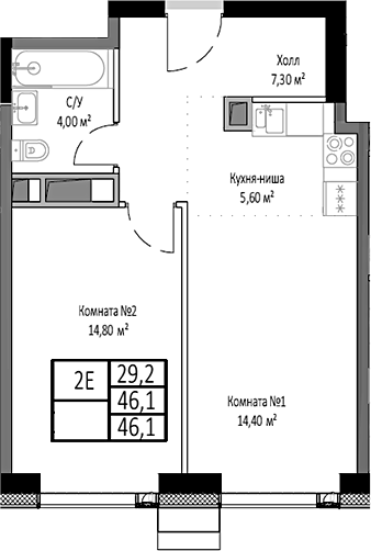 Планировка — Мираполис, 2-комн., 46 м²
