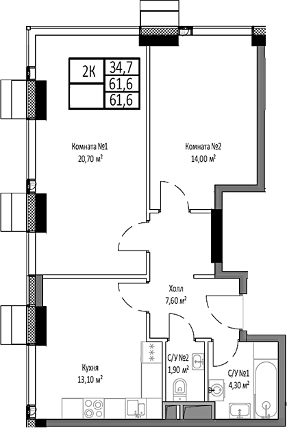 Планировка — Мираполис, 2-комн., 62 м²