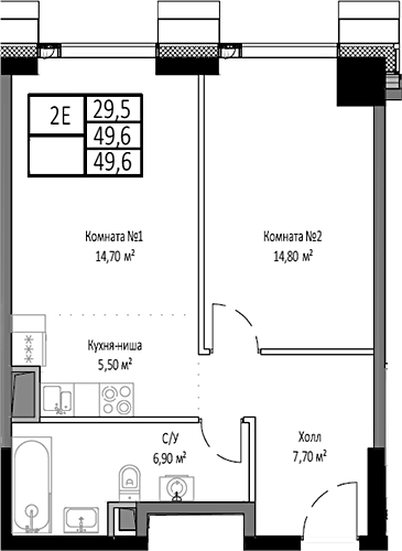 Планировка — Мираполис, 2-комн., 50 м²