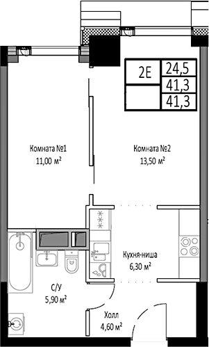Планировка — Мираполис, 2-комн., 41 м²