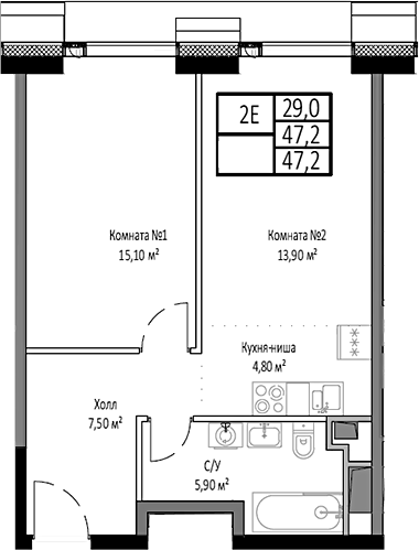 Планировка — Мираполис, 2-комн., 47 м²